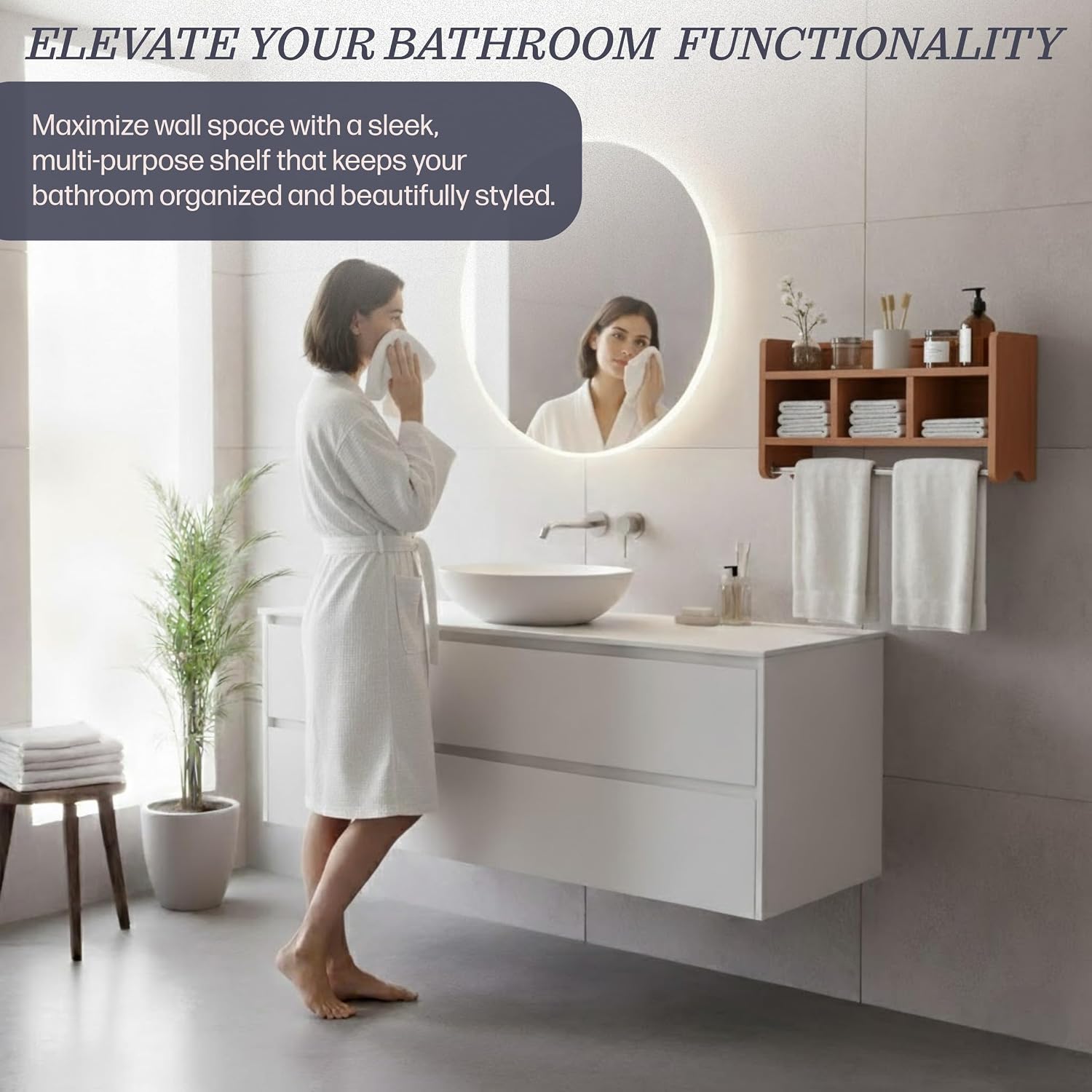 Alaterre Furniture 25-Inch Bath Storage Shelf with Dual Towel Rods -Wall Mounted Organizer with 3 Cubbies, Raised Edge Top Shelf, Coordinates with Bath Collection, Hanging Hardware Included(Chestnut)