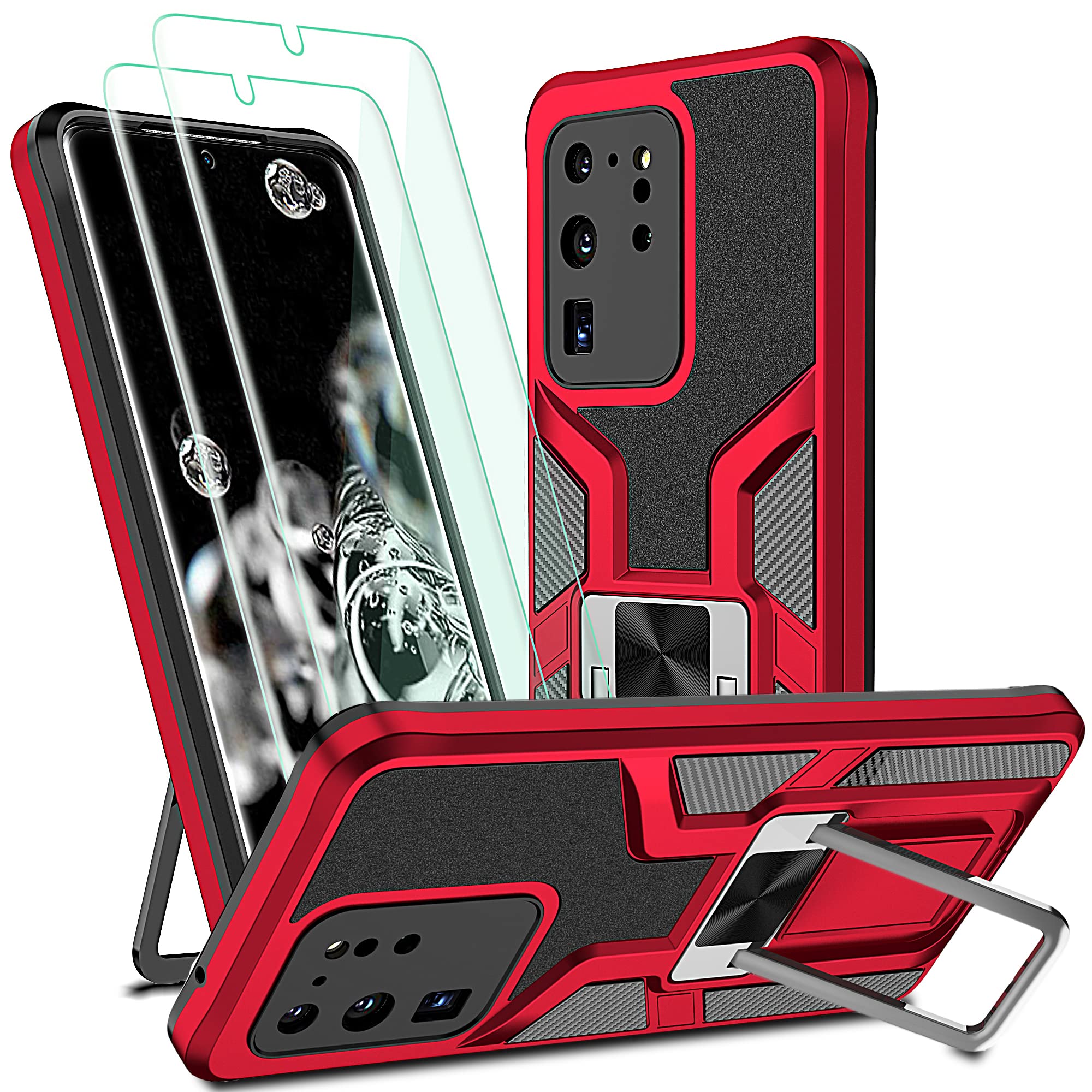 for S20 Ultra Case, Samsung Galaxy S20 Ultra Case with Self Healing Flexible TPU Screen Protector [2 Pack], Military Grade Double Shockproof with Kickstand Case for Galaxy S20 Ultra-Red