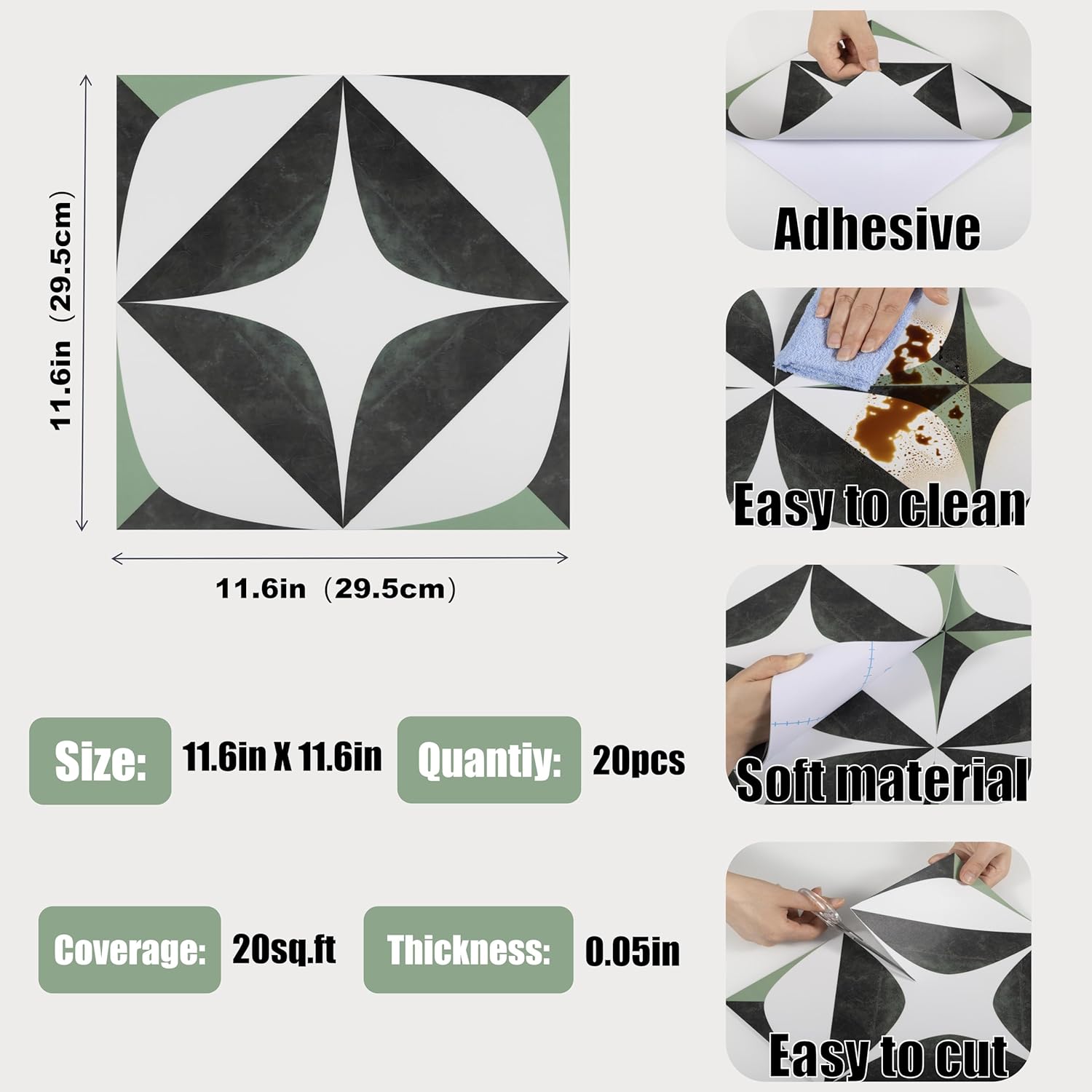 Alow 20pcs Peel and Stick Floor Tile, Green and Black Star Vinyl Flooring,waaterproof Peel and Stick Flooring Suit for Toilet,Kitchen,Laundry(20pcs)