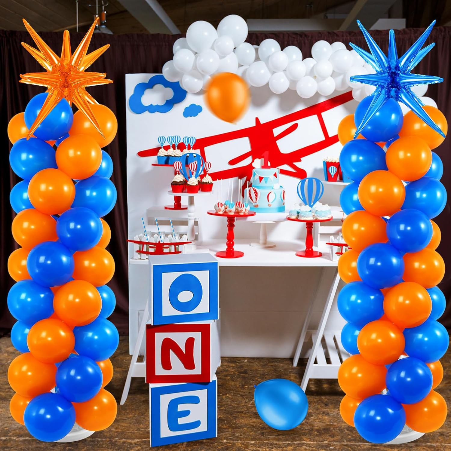 Sosation 2 Set Blue Orange Toy Inspired Cartoon Balloon Column Stand Kit with 2 Star Foil Balloons 120 Pcs Latex Balloon Adjustable Stands for Carnival Birthday Space Party Decorations