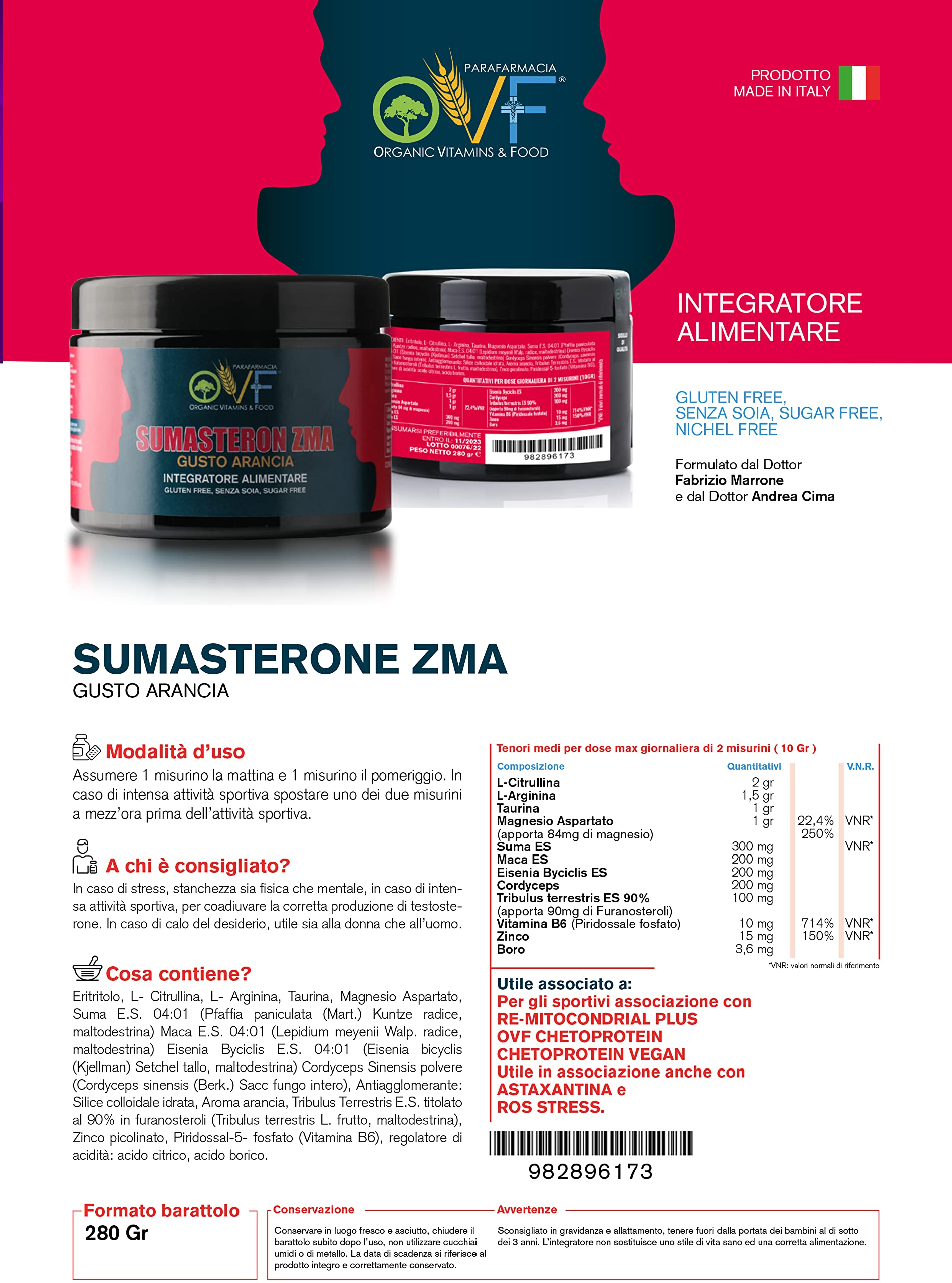 OVF Sumasteron ZMA Integratore polvere di Citrullina, L-Arginina, Taurina, dosi elevate di Tribulus Terrestris, Maca, Vitamine B6, Zinco, Boro, integratore uomo e donna per migliorare le prestazioni