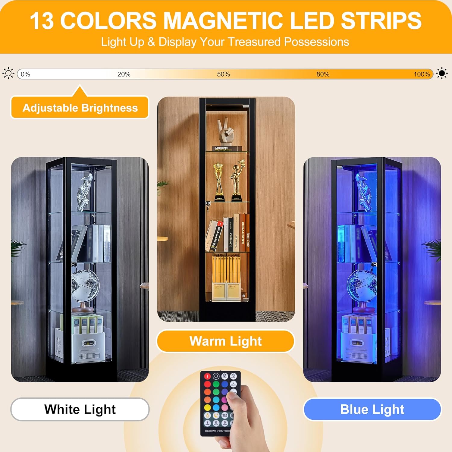 Foreate 4-Tier Glass Display Cabinet Case with 13 Colors Light & Lock, 63" Curio Cabinet with Glass Door & Adjustable Shelves, Thickened 5MM Tempered Glass Collectibles Display Case Bookshelf, Black