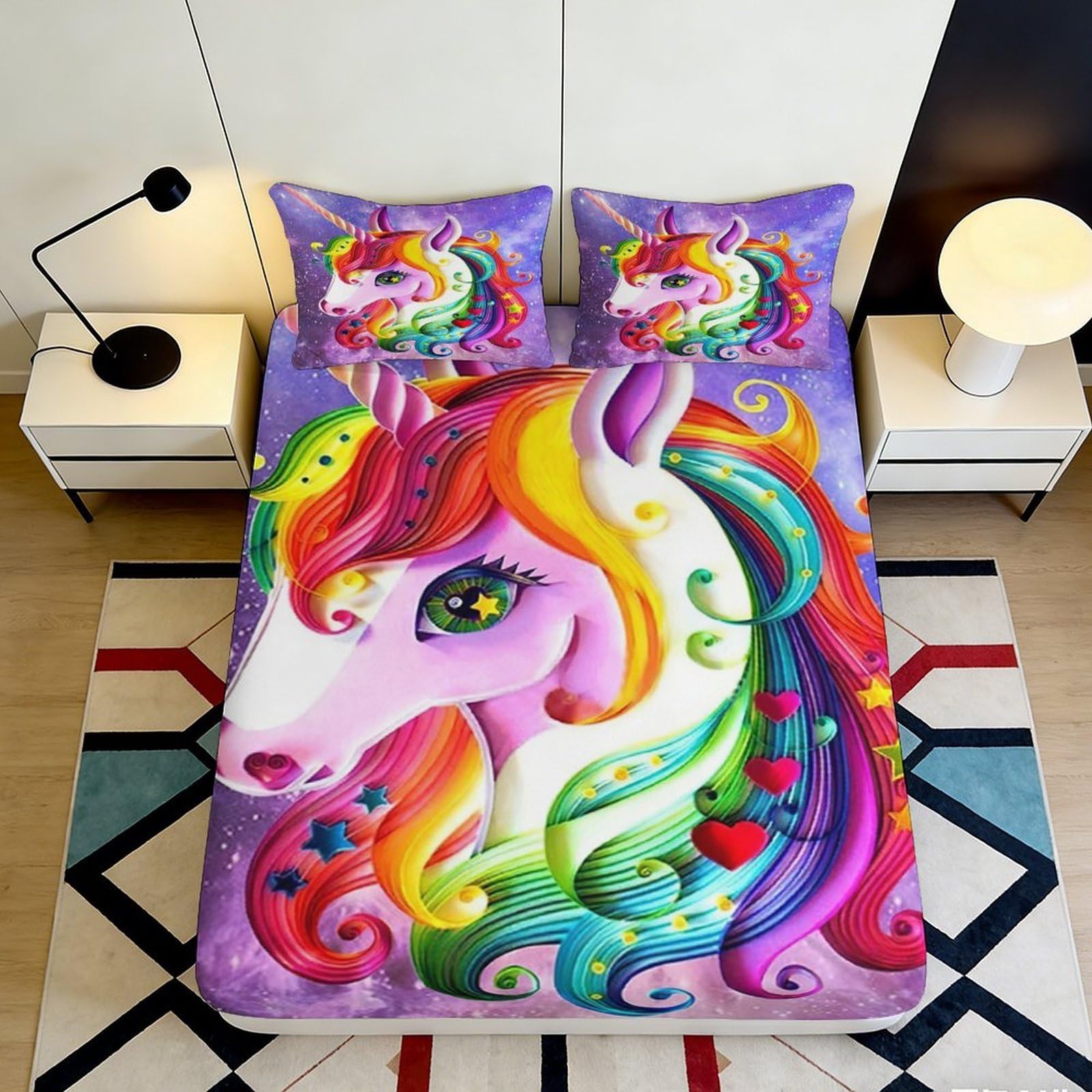 3D Printed Rainbow Unicorn Fitted Sheet Microfiber Soft Breathable Colorful Horse Bed Cover for Bedroom Dormitory Guest Room Mattress Protection 160x200x25cm