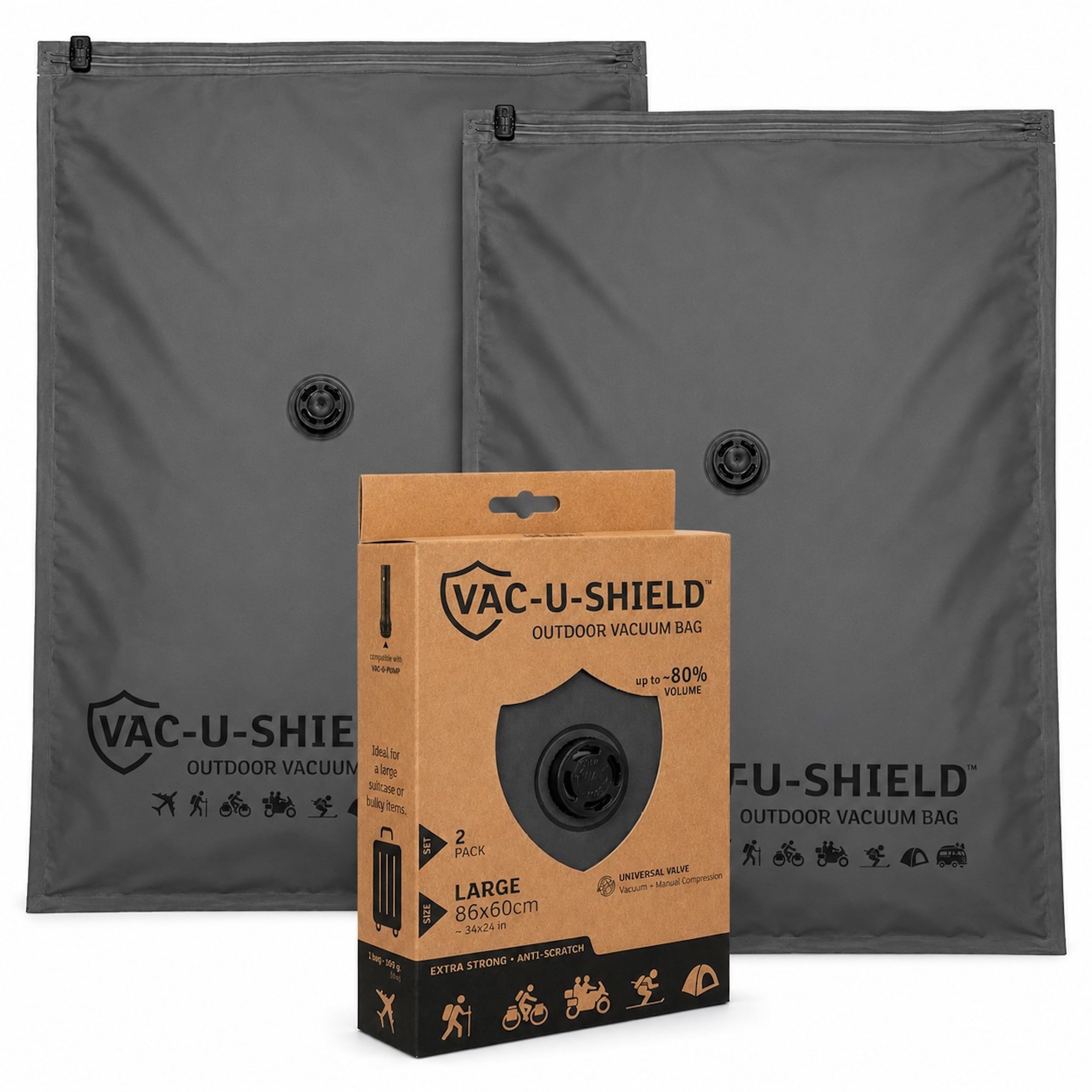 Lavatelli Vac-u-Shield Vacuum bags for clothes, check-in suitcase organizer & travel accessories. Premium space saver bag for travelling, anti-scratch. Large 86x60 cm, Set of 2, Charcoal Grey-image-15