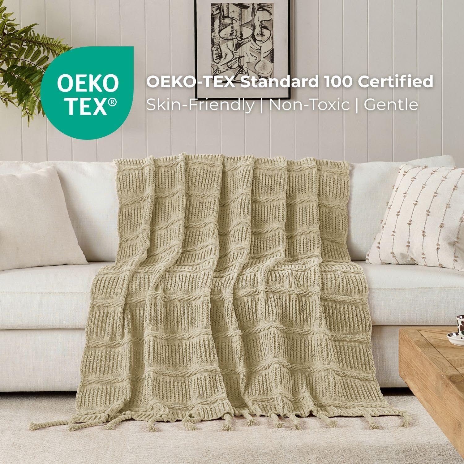 Boho Knitted Chenille Blanket with Tassels - Lightweight & Soft All-Season Throw - 3D Classic Pattern for Living Room Bedroom Couch, Sandy Beige, Throw 50"x60"