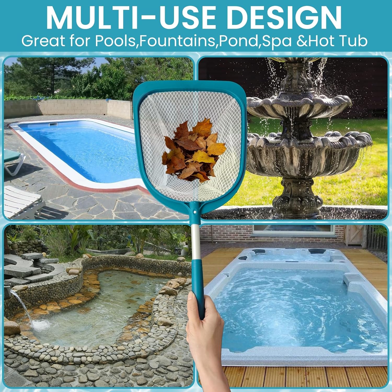 Hot Tub and Spa Leaf Skimmer Net, Ultra Fine Mesh Bag with Aluminum Pole - Handheld Pool Net for Small Above Ground Pools Efficient Debris Removal