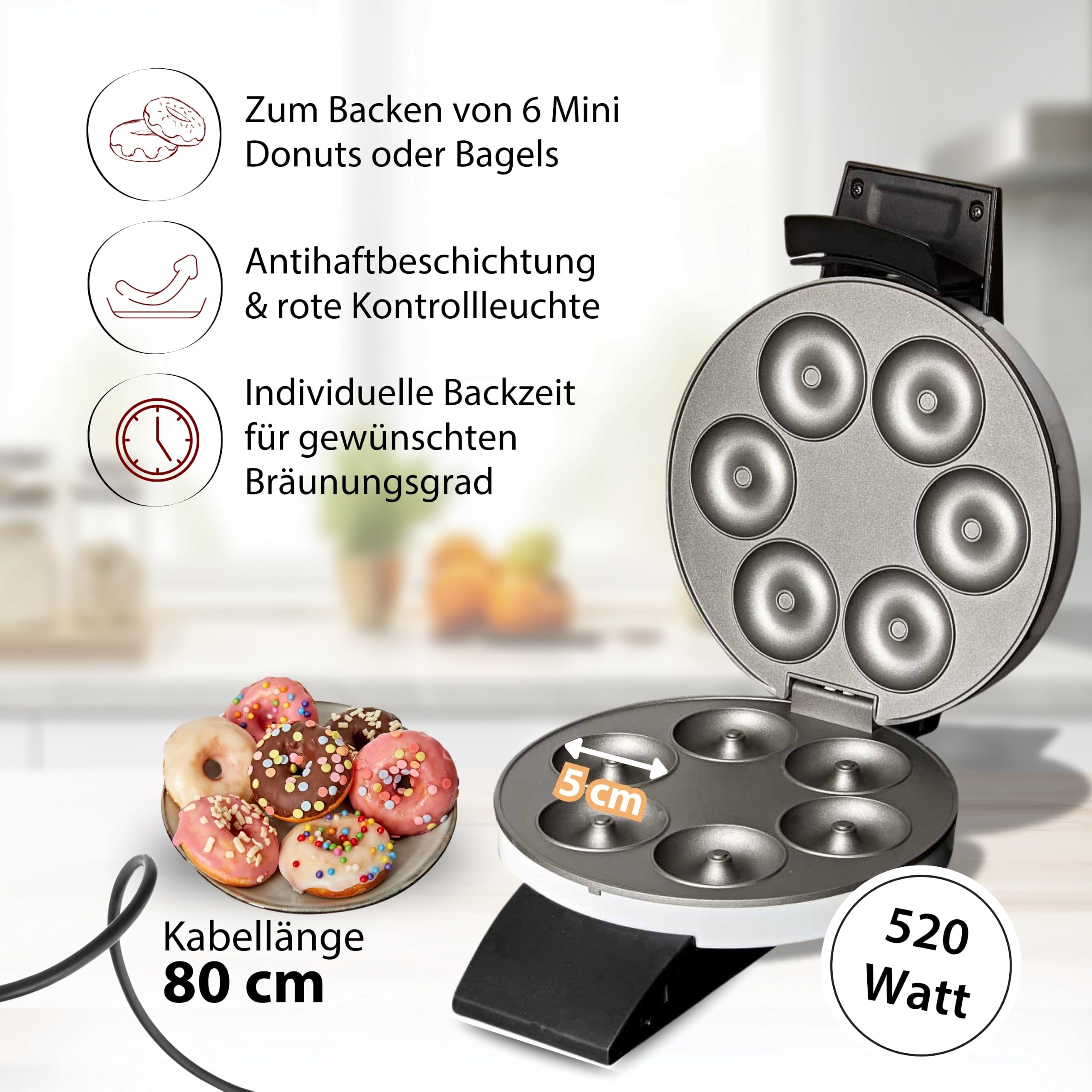 Cloer 6121 Donut Maker für 6 Mini-Donuts oder Bagels, Antihaftbeschichtung, rote Kontrollleuchte, platzsparend verstaubar, Kabelaufwicklung, Steckerdepot, weißes Metallgehäuse, 520W