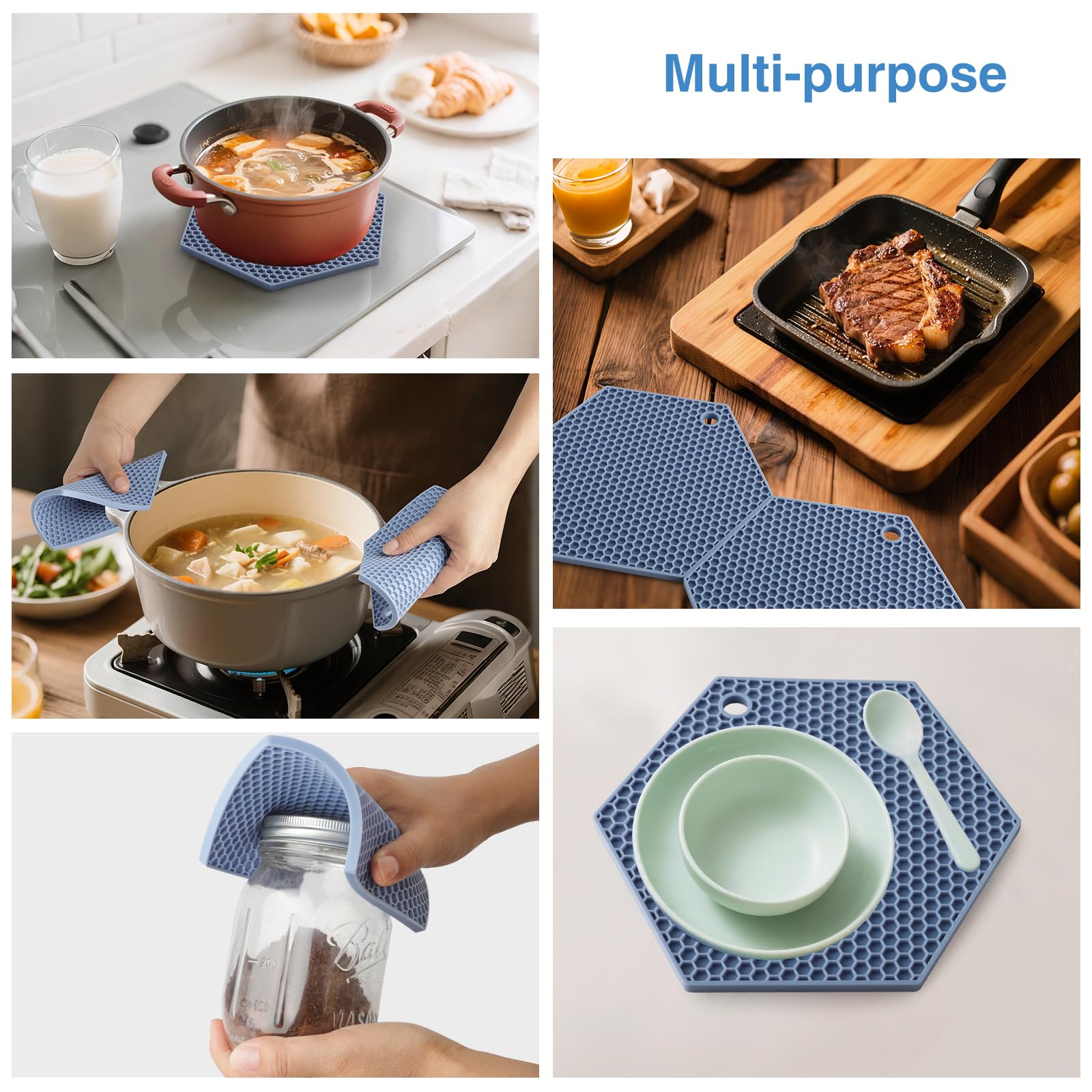 Extra Thick Silicone Trivet Mat Heat Resistant Multi-purpose None slip Table Place Mats for Hot Pots Holder,Pads,Pans,Dishes,Spoon rest,Coasters for Kitchen Cooking & Dining(3pcs Pack)(Hexagon-Blue) - Image 2
