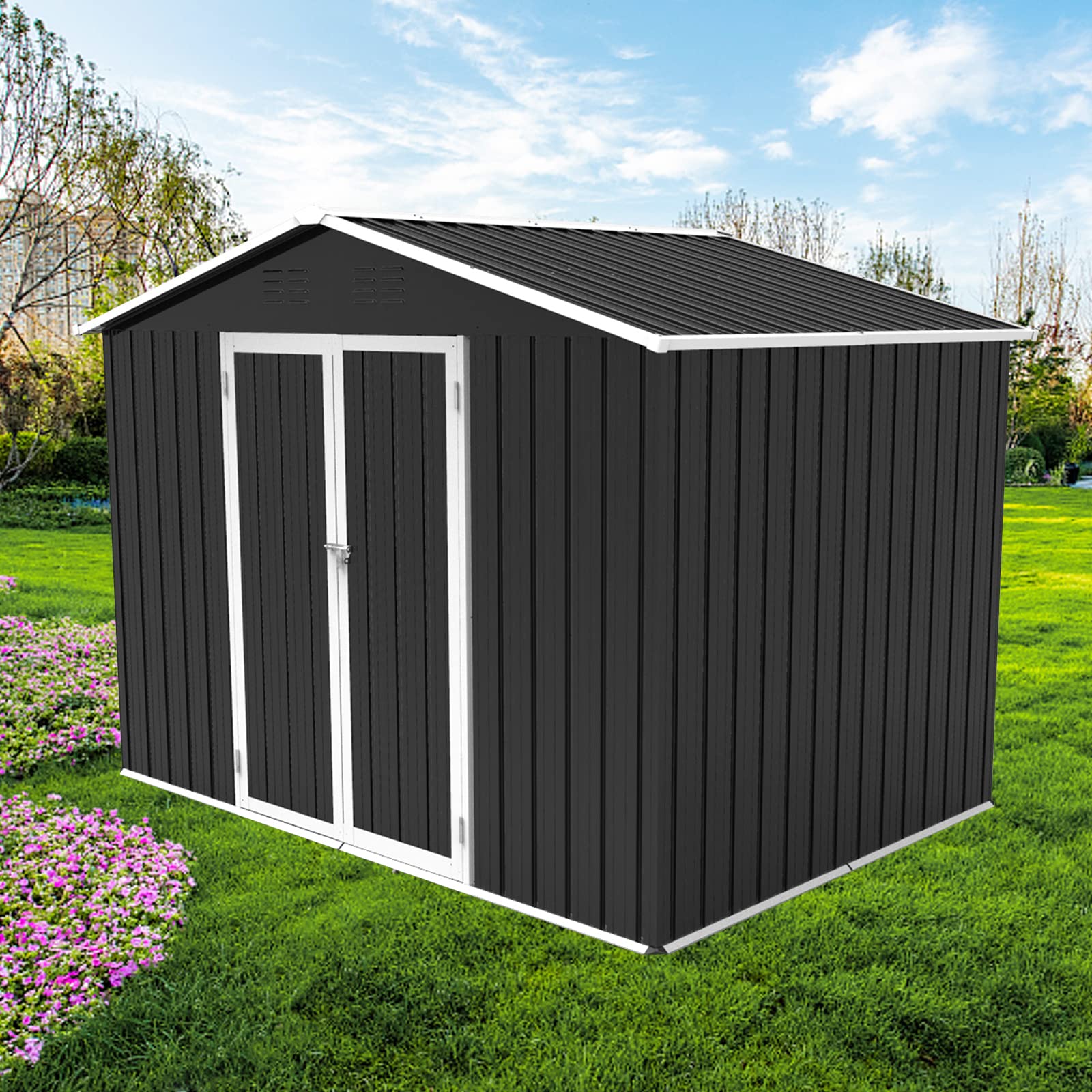 DHPM Metal Outdoor Storage Shed 8FT x 6FT, Steel Utility Tool Shed Storage House with Door & Lock, Metal Sheds Outdoor Storage for Backyard Garden Patio Lawn, Grey