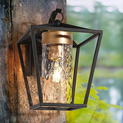 Lámpara de pared para exteriores de oro negro, aplique de montaje en pared moderno impermeable con vidrio ondulado de agua, luces de porche exterior disponible en Yaxa Venezuela