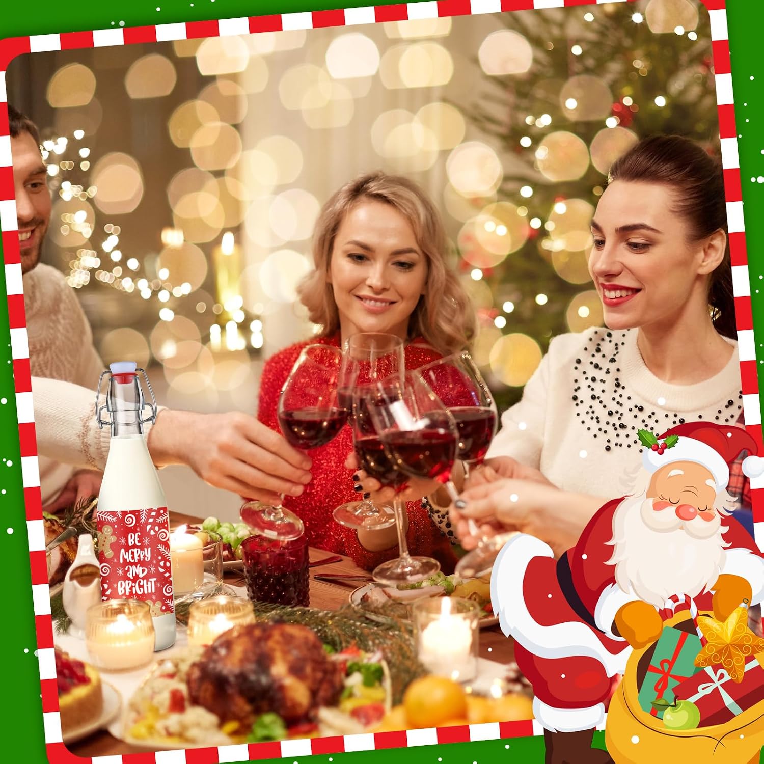 Sieral 6 Set Coquito Bottles 16 oz Christmas Swing Top Glass Bottles Flip Top Brewing Bottle for Vanilla Extract Homemade with Christmas red Label Stickers Home Brewing Coquito Beverages Liqueur