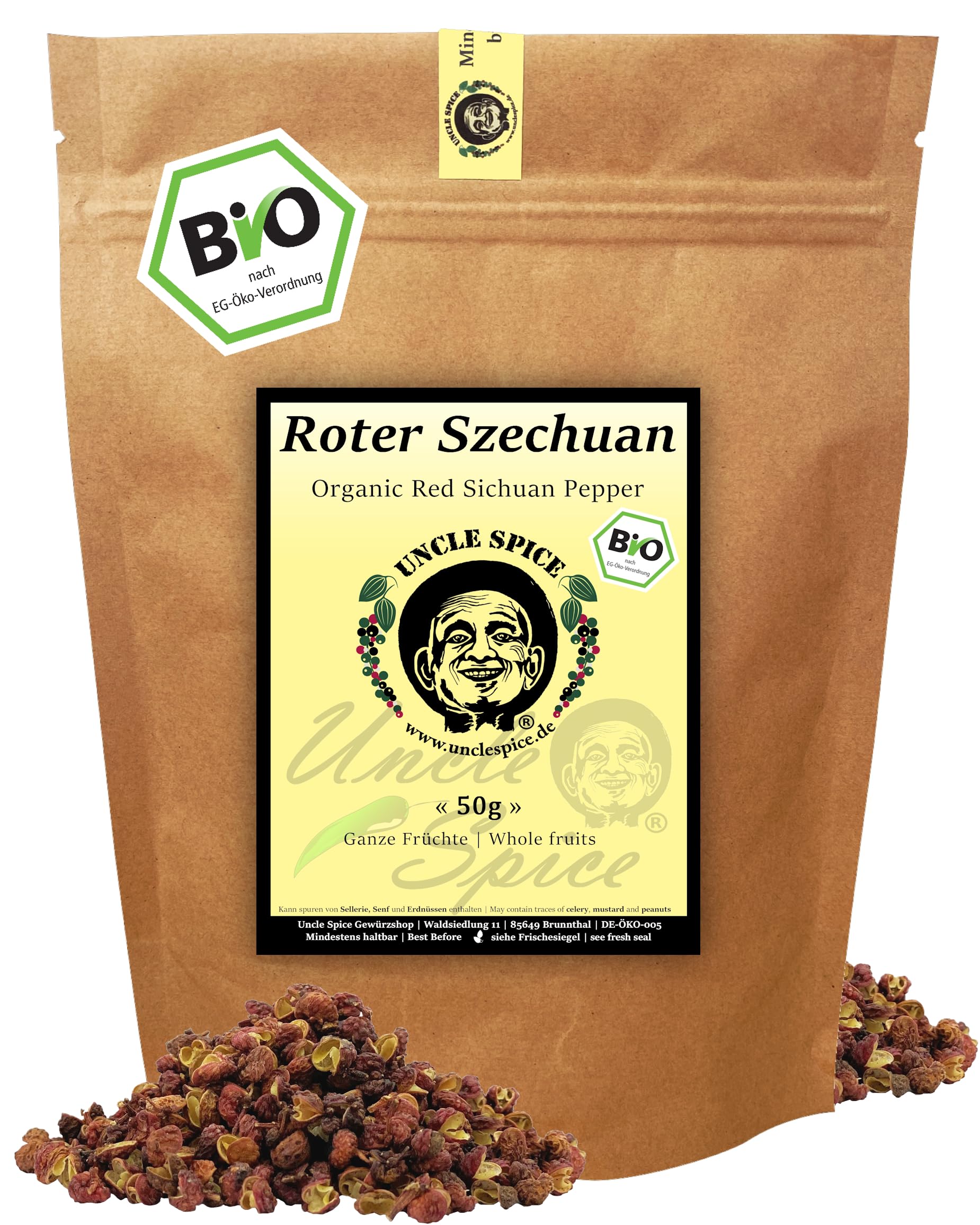 UNCLE SPICE® BIO Szechuan Pfeffer – 50g roter Szechuanpfeffer aus Sichuan – handverlesen & prickelnd zitronig – Premium Bio Qualität DE-ÖKO-005 – ideal für Pfeffermühle, BBQ & asiatische Gerichte