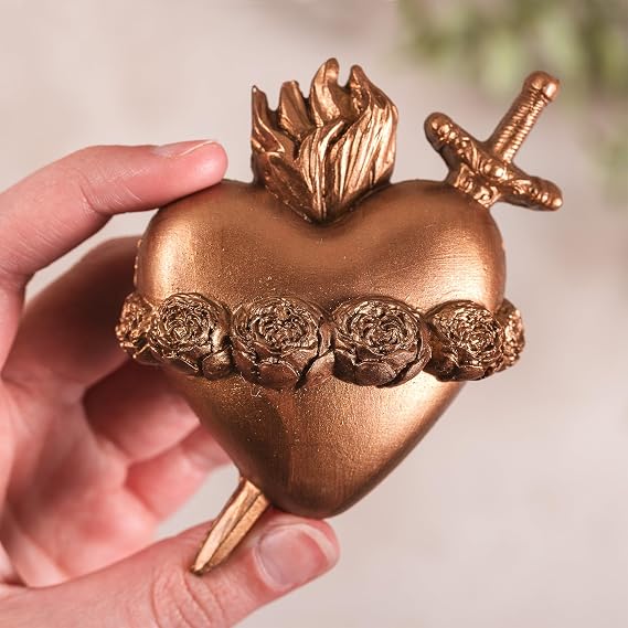 Scapular Catholic Three Hearts Wall Plaque Set Sacred Heart, Immaculate & Chaste Heart Hand-Painted Catholic Decor Set of 3 Religious Wall Accents Bronze Finish