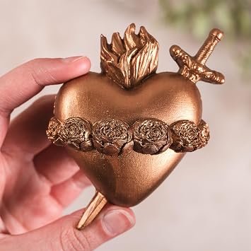 Scapular Catholic Three Hearts Wall Plaque Set Sacred Heart, Immaculate & Chaste Heart Hand-Painted Catholic Decor Set of 3 Religious Wall Accents Bronze Finish