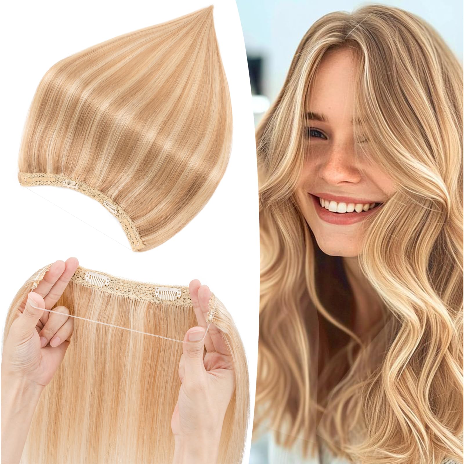 S-noilite Wire Human Hair Extensions Real Hair One Piece Golden Brown/Bleach Blonde Invisible Fish Line 18 Inch 65g
