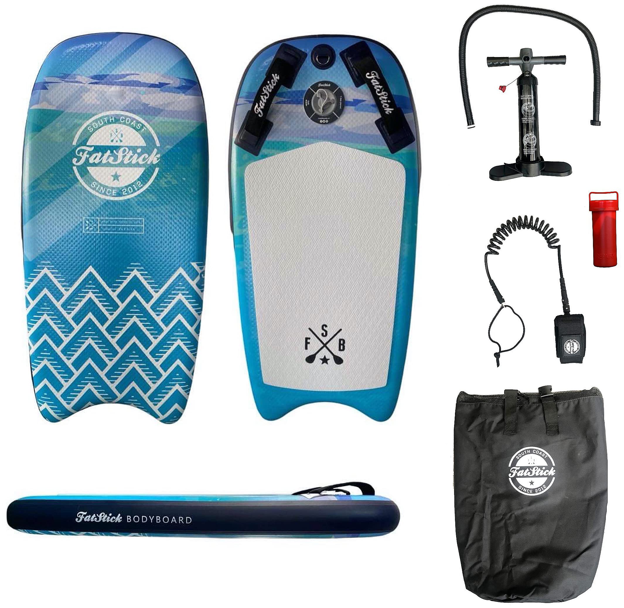 Fatstick Premium Inflatable Surf Body Board Package with Handles - Board, Coil Leash, Dual Action Pump & Rucksack Bag - Also Ideal Swim Aid Board
