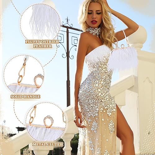 Miniatura 3 de 2 piezas de embrague de plumas de avestruz para mujer, adornos de plumas de avestruz, accesorios de flecos, bolso esponjoso de noche (blanco)