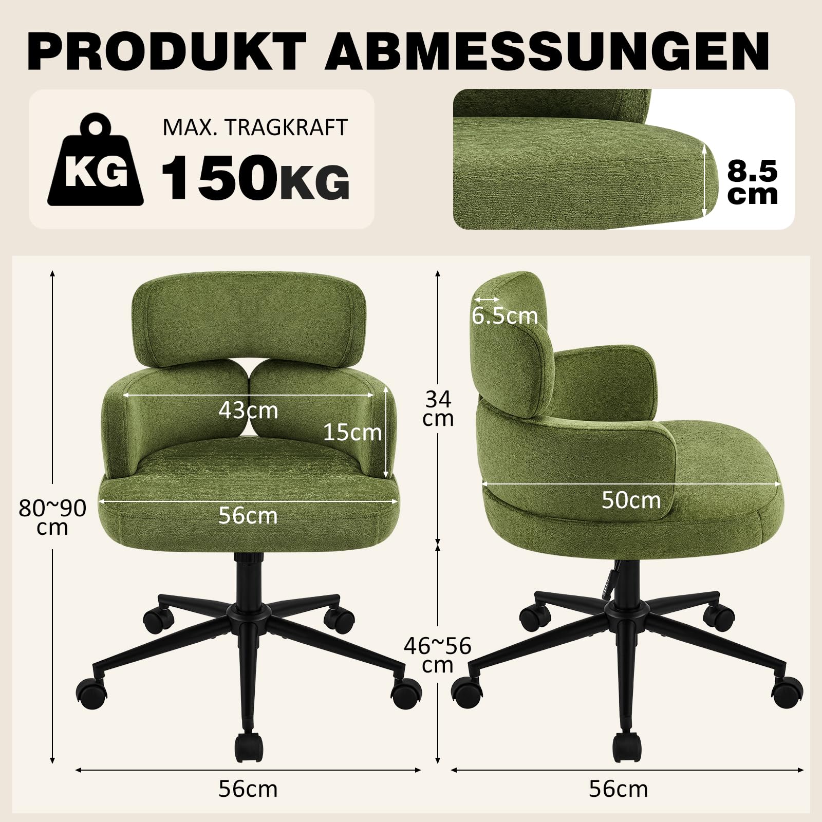 Hellove Schneidersitz Bürostuhl, Grün Höhenverstellbarer Drehstuhl Schminktisch für Homeoffice, ergonomischer Schreibtischstuhl mit festen Armlehnen und Rollen, gepolsterter Polsterstuhl 56 cm