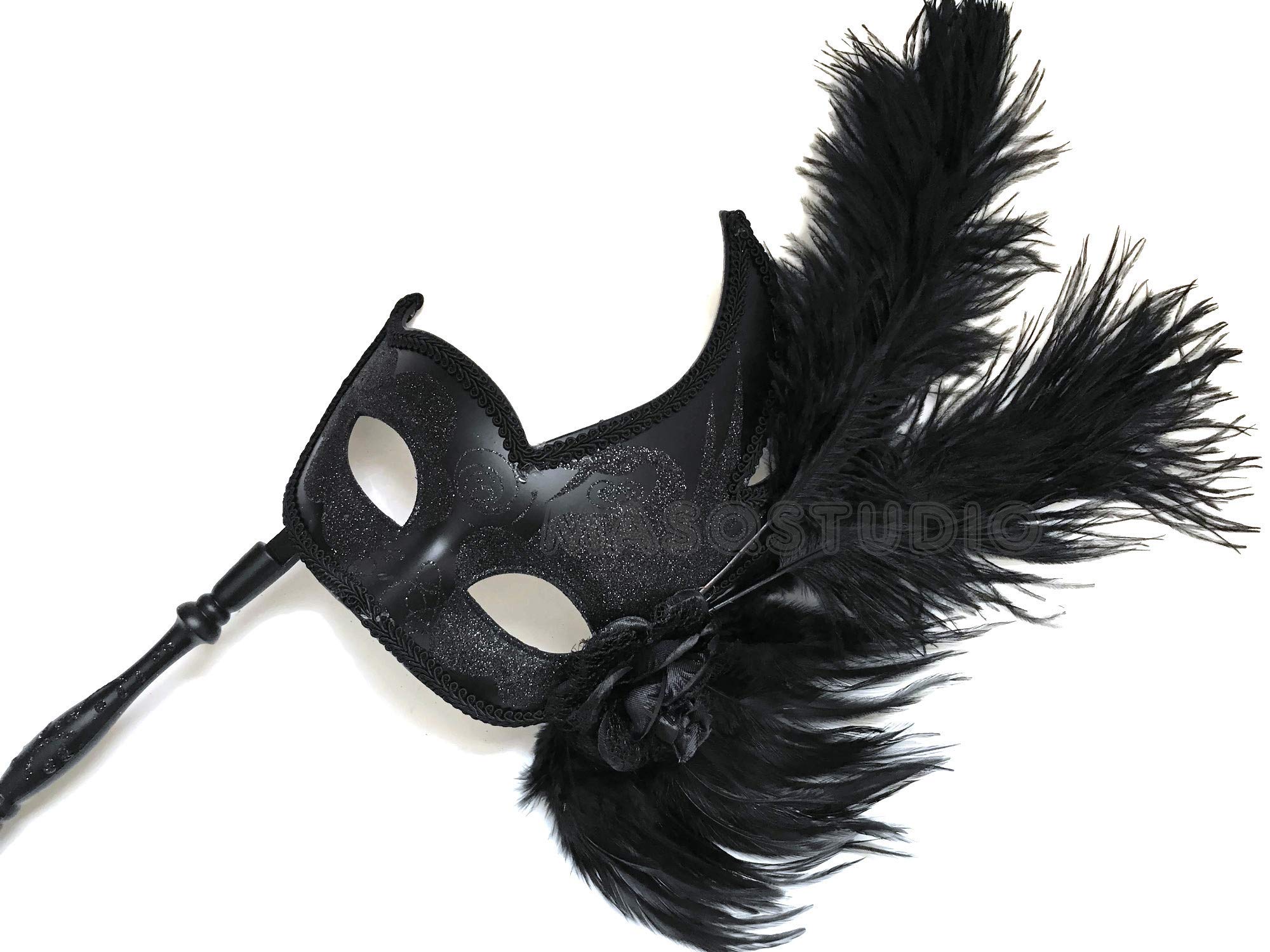 MasqStudio Black Masquerade Ball Mask Pair Ostrich Feather Cosplay Costume New Year Party (Pair for 2 Masks)