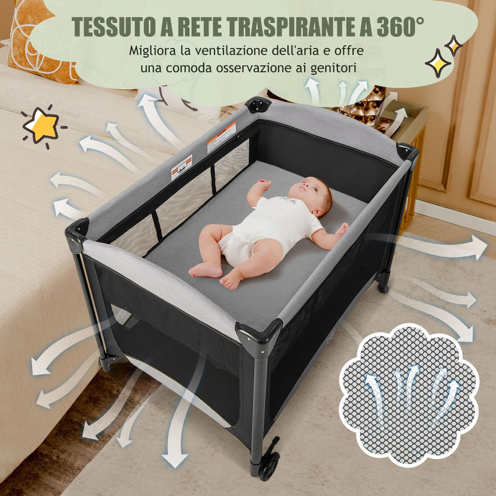 RELAX4LIFE 5-in-1 Lettino da Campeggio per Bambini, Culla Neonato Fianco Letto, Lettino Neonato con Materasso, Ruote Bloccabili e Borsa per il Trasporto, per Bambini 0-36 Mesi (Nero)