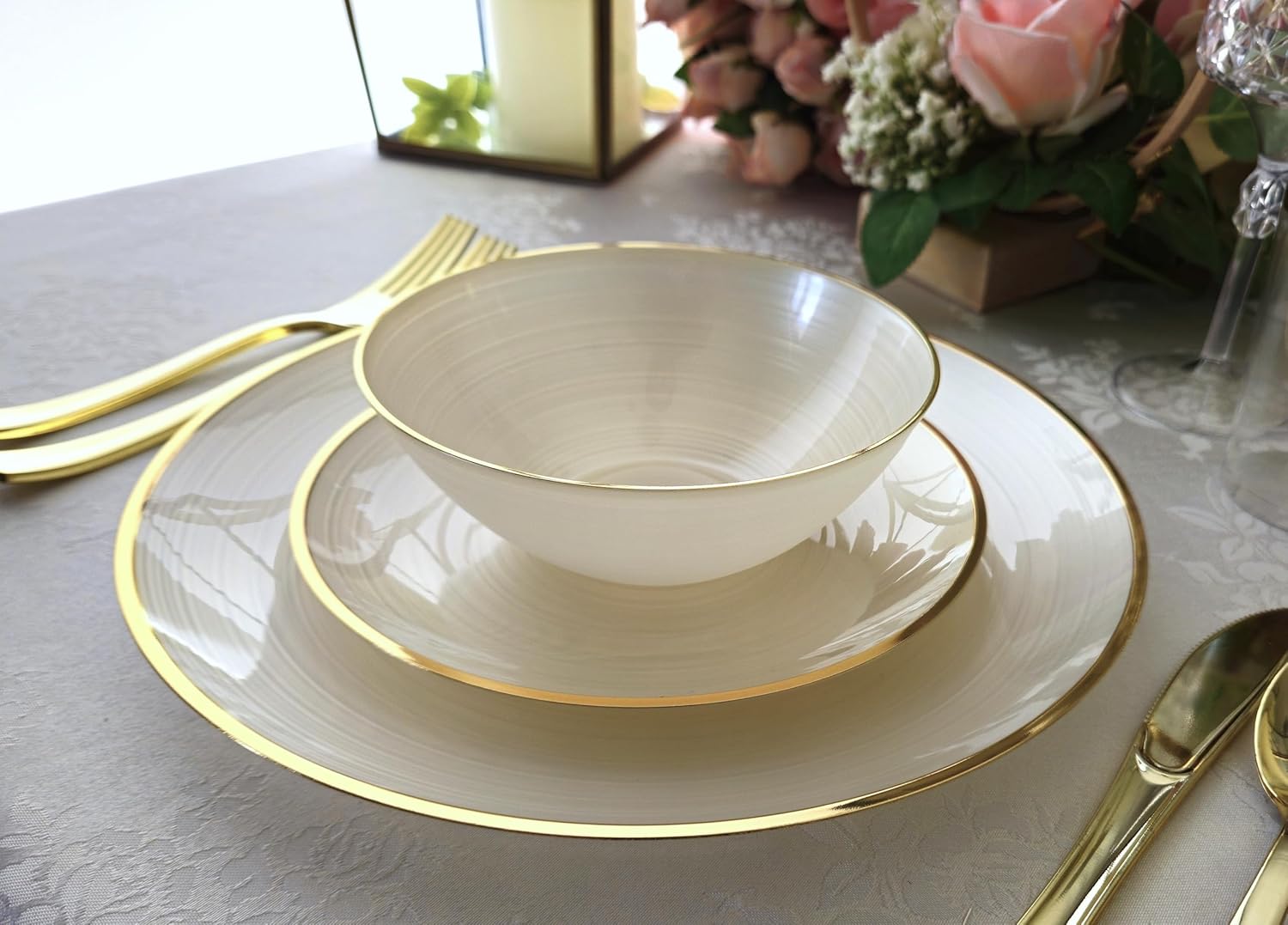 " OCCASIONS " 50 Plates Pack (25 Guests)-Wedding Party Disposable Plastic Plate Set -25 x 10'' Dinner + 25 x 7'' Salad & Dessert plates (Belize in Ivory & Gold) - Image 4