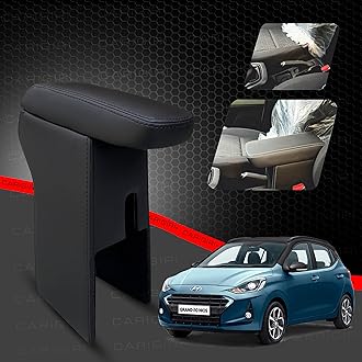 Carigiri Premium Finish Car Armrest with Storage Box And High Density Moulded Foam For Hyundai I10 Grand Nios (Models-2019-2024) (All Colours,Nappa Leatherette) (Black With Black Double Stitching)