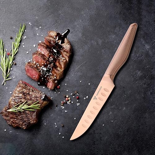 Miniatura 4 de SANMUZUO Juego de 6 cuchillos para carne de acero inoxidable de 5 pulgadas oro rosa serie Zhen