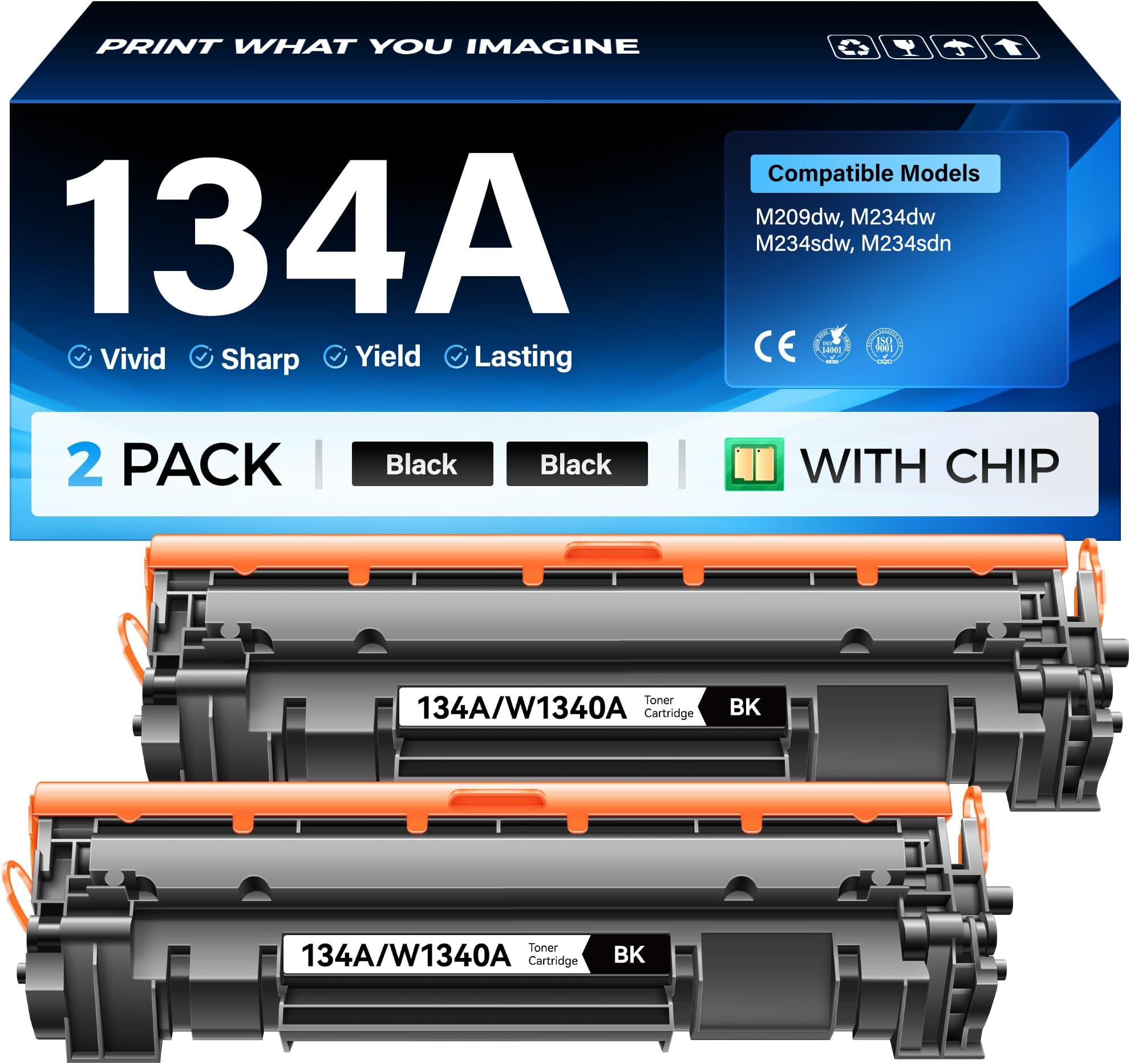 134A Black Toner Cartridge 2-Pack with chip Compatible Replacement for HP 134A 134X W1340A W1340X Toner Works with HP LaserJet MFP M234dw M234sdw M209dw Laser Printer M234dwe M234sdwe M234sdne M209dwe