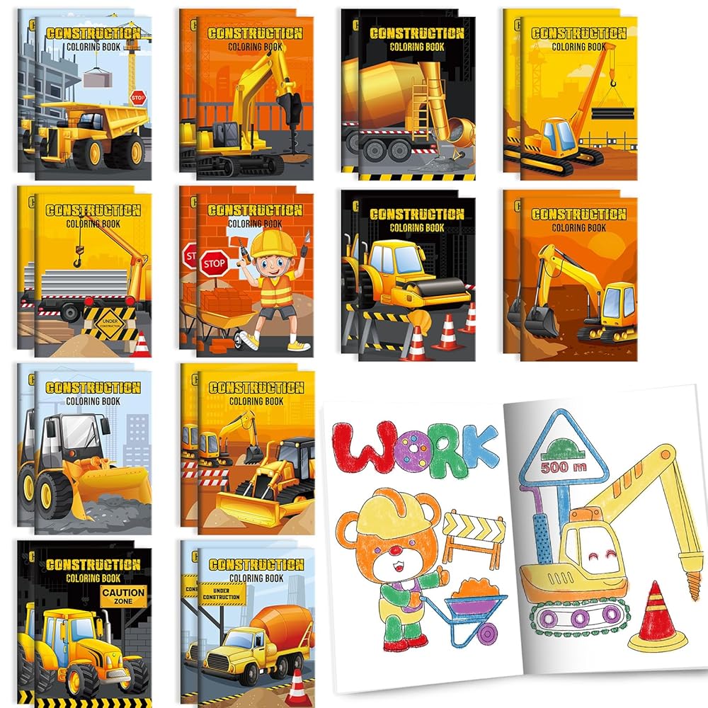 BenLouis 24 Pcs Construction Mini Coloring Books Kids Excavator Theme Party Favors Small Activity Books Bulk for Kids Construction Birthday Goodie Bags Stuffers Return Gifts Classroom Travel