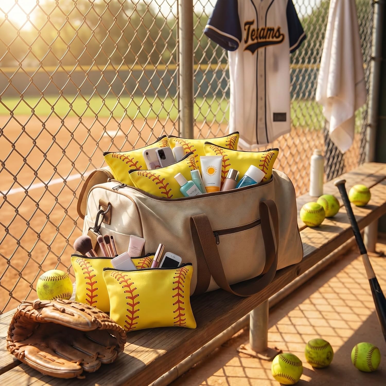 Frienda 12 Pcs Softball Makeup Bag Bulk Canvas Cosmetic Zipper Pouches Portable Travel Toiletry Makeup Bags Organizer Team Gifts for Women Men Team Player(Softball Style)