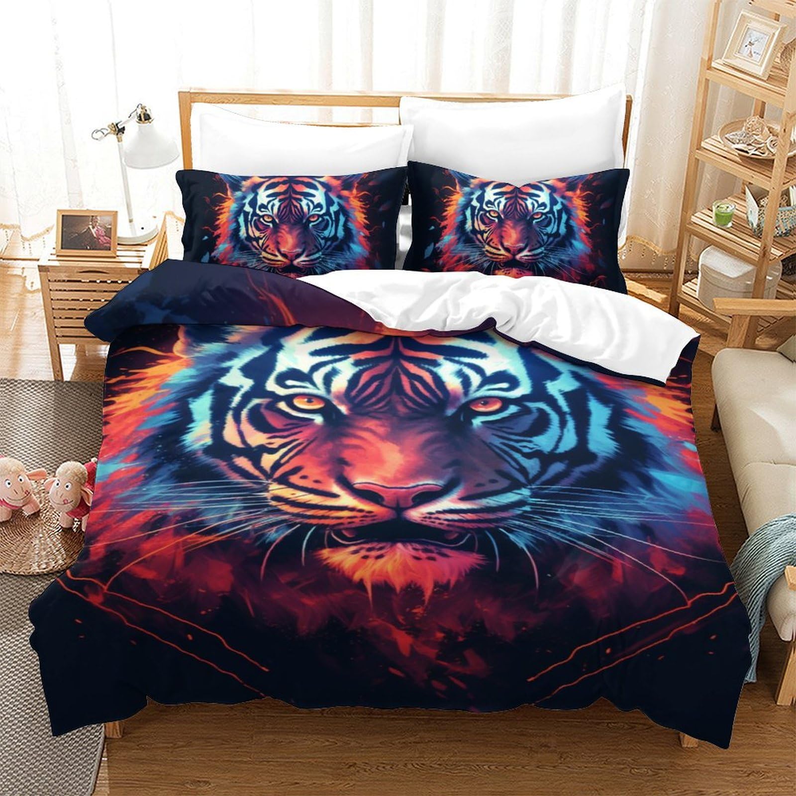 Parure de lit tigre 140x200 avec housse de couette microfibre et taies