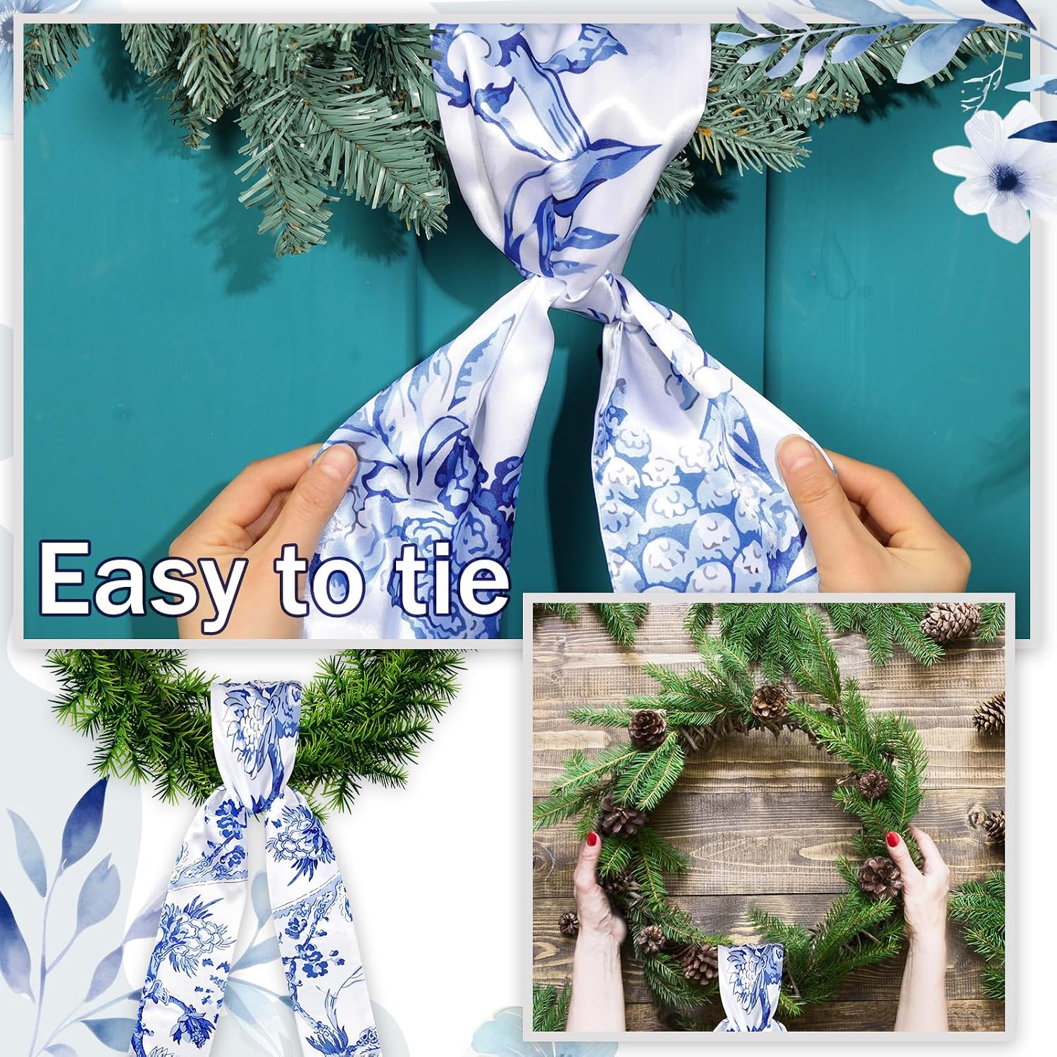 XunYee 6 Pcs Wreath Sash for Front Door Wreath Sash for Embroidery Monogram Garland Decor Accessories Wedding 4th of July Party Yard Indoor Outdoor Wall Cabinet Kitchen (Chinoiserie)