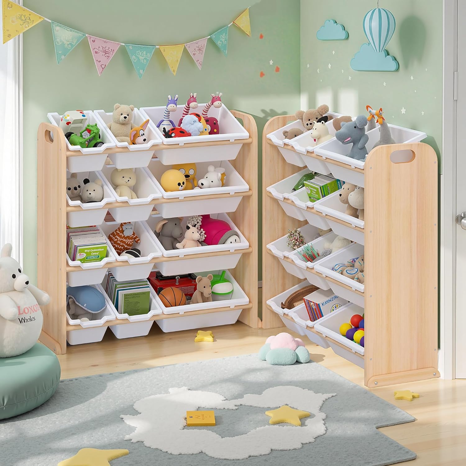 VECELO Kids Bookshelf Toy Storage with 12 Bins, Wooden Toy Rack for Toddlers, Large-Capacity Playroom Storage for Books, Toys, and Stuffed Animals, Natural Wood Finish