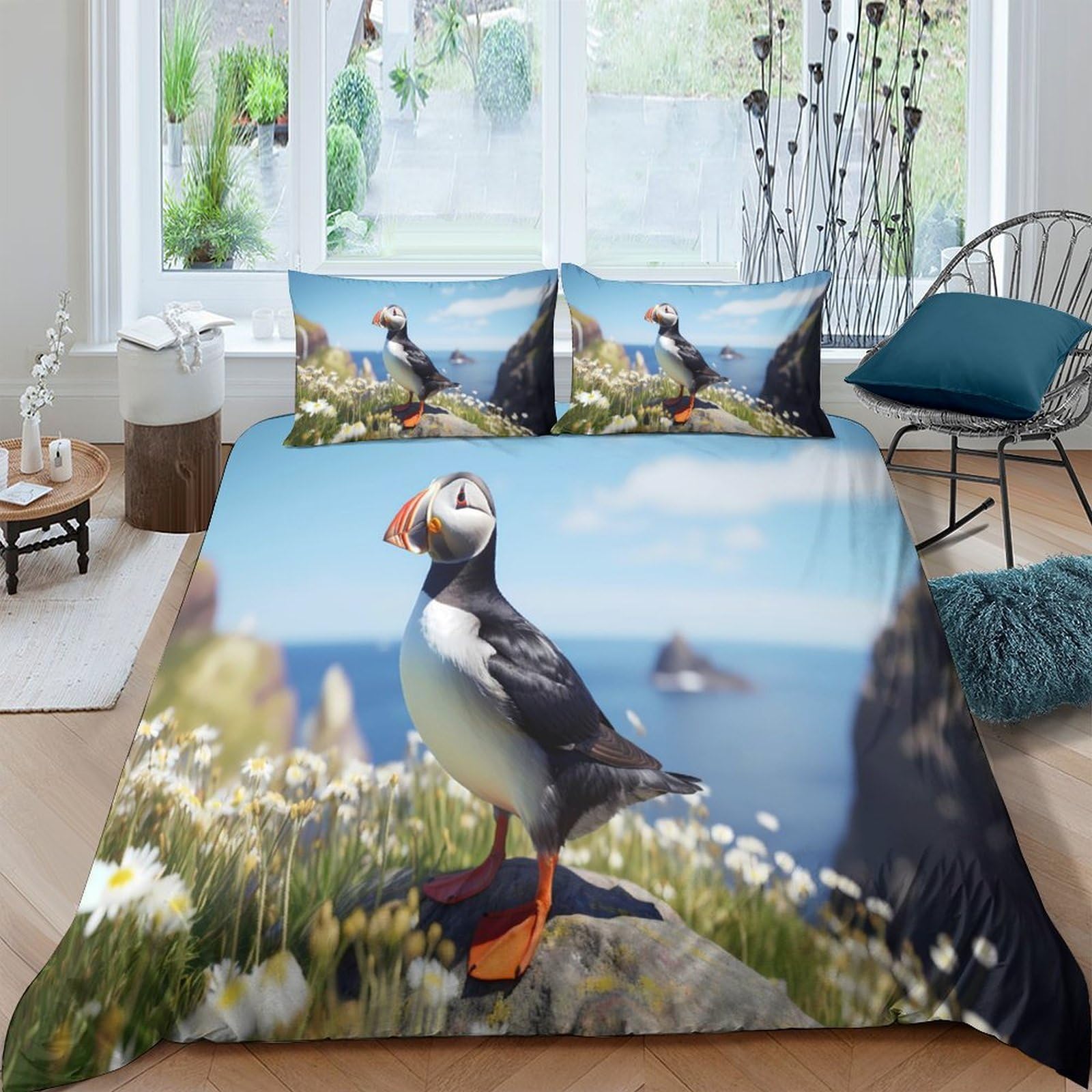 Ctjqhvkz Style-8 3D Printed Puffin Seaside Fitted Sheet Microfiber Soft Breathable Coastal Meadow Mattress Cover Bedroom Dorm Decor Single（135X200cm）
