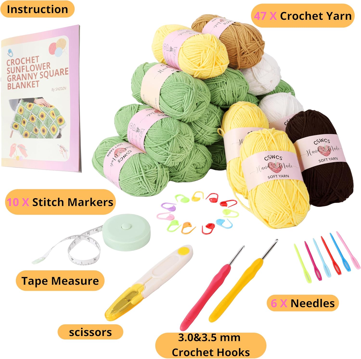 CSWCS Crochet Sunflower Blanket Kit for Beginners, Granny Square Pattern Crochet Yarn Accessories, Instructions Video for Starter, Adult Craft Knitting Kit for DIY Women (Green Sunflower)
