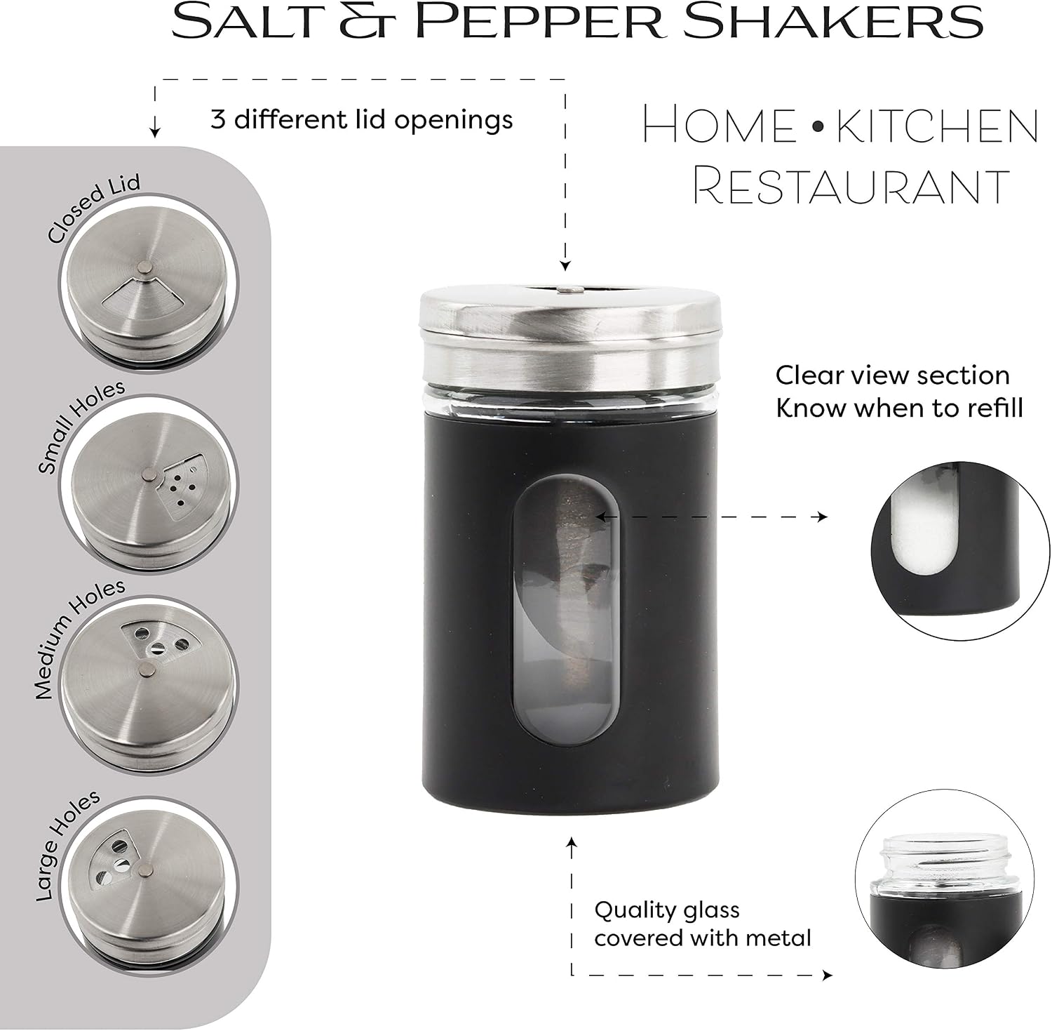 Black Salt Pepper Shakers Retro Spice Jars Glass - Set of 5