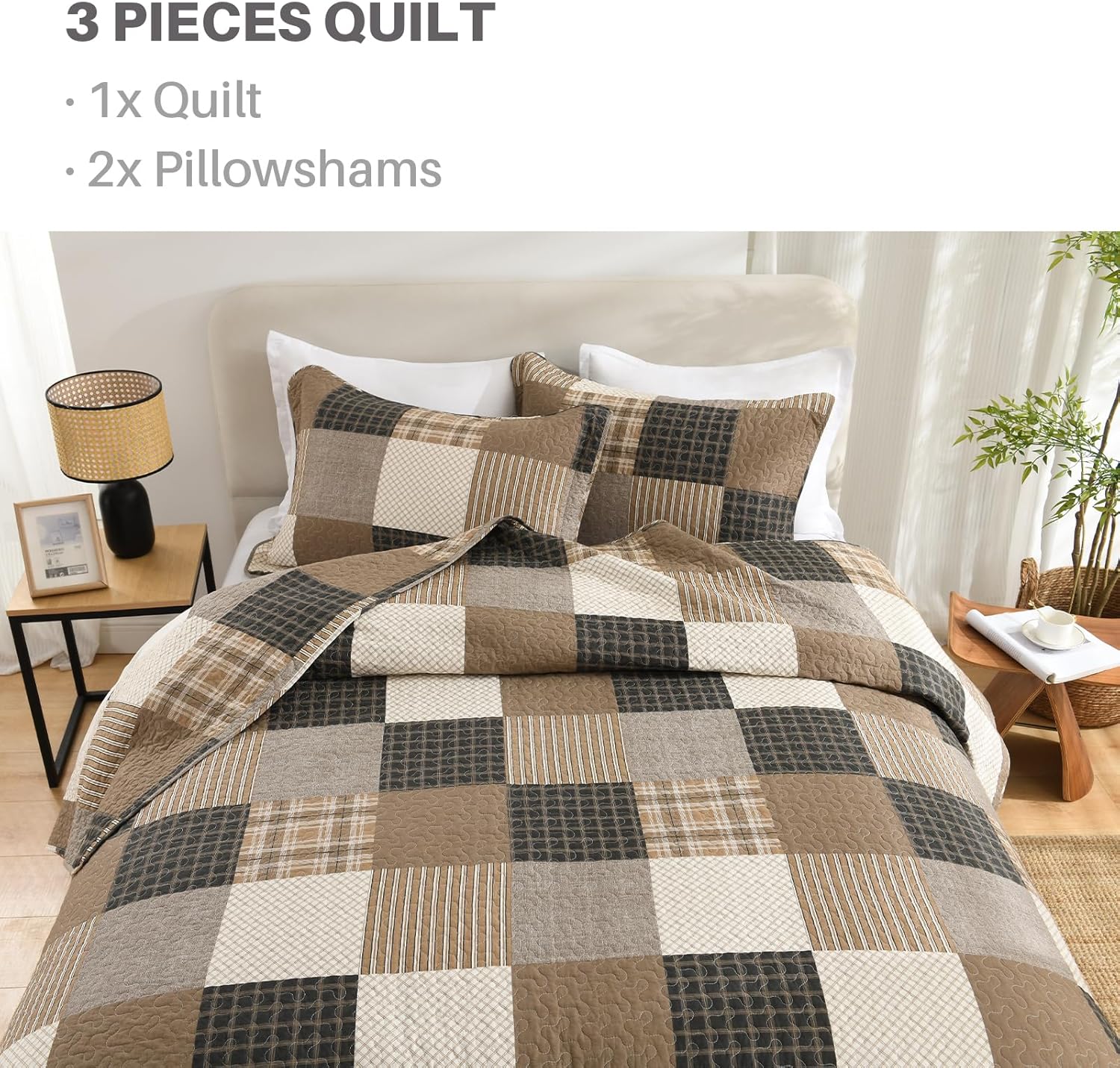 PANGUSHAN 100% Cotton Quilt Set, King Size, Farmhouse Plaid Lightweight Comforter, Rustic Bedding Set Quilted Bedspread, Charcoal/Beige/Brown Quilt for King Bed, 3 Pieces - Image 9