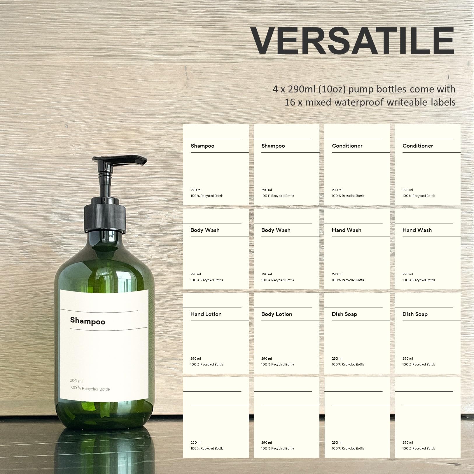 Recycled Plastic Pump Bottle Dispenser 4 x 300ml, Bathroom Bottles with Labels - Image 3