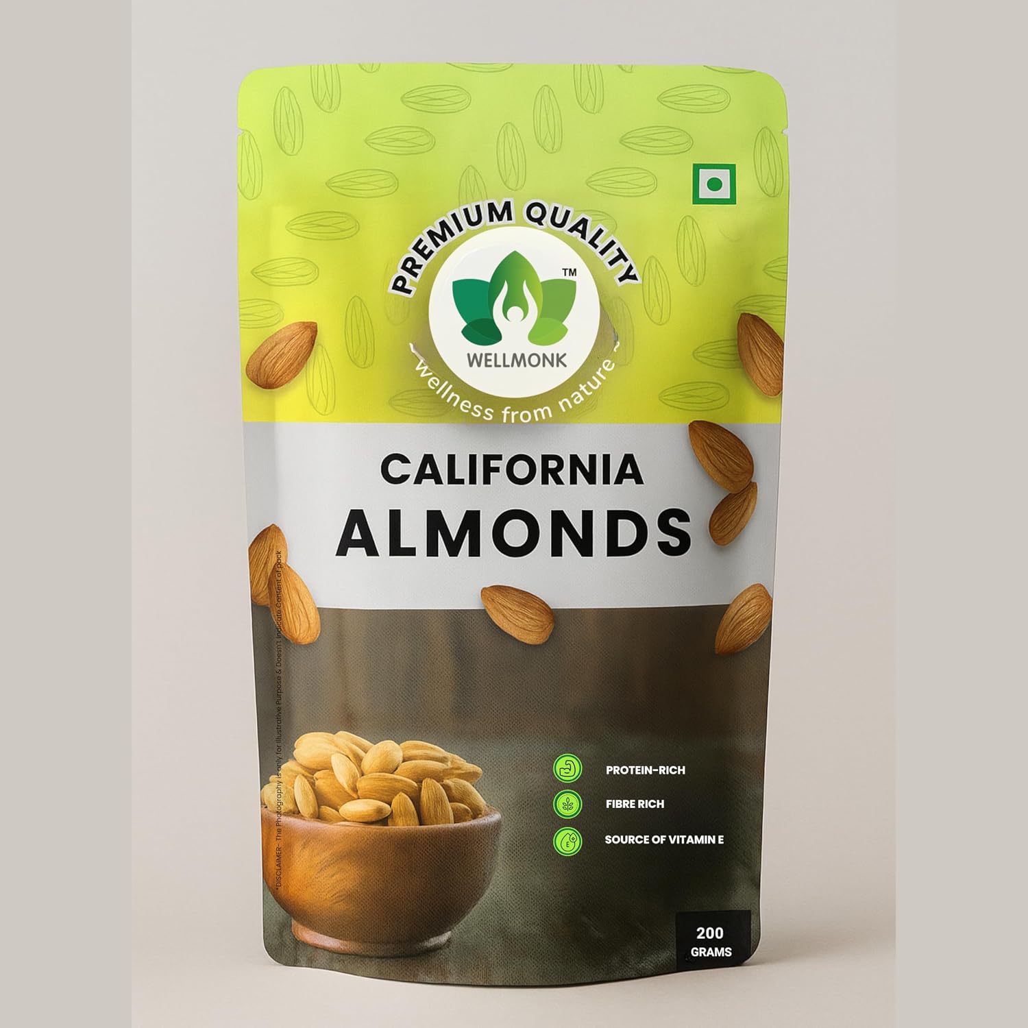 Wellmonk California Almonds/Badam(200g)- Premium Raw Almonds| Protein Rich|Fiber Rich | Vitamin E Source |100% Pure Almond...