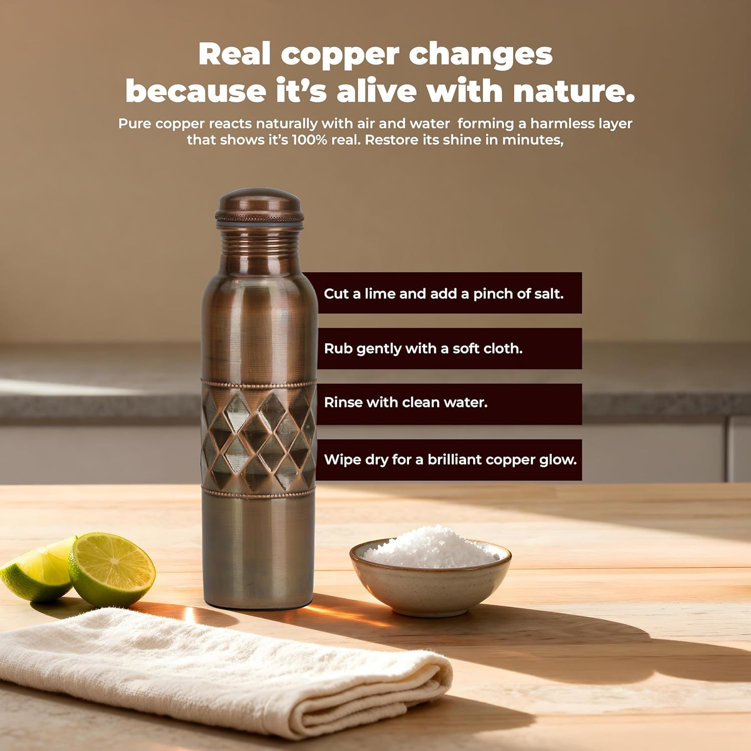 100% Pure Copper Water Bottle for Drinking, 34 Oz Ayurvedic Copper Bottle with Carry Bags for Yoga, Gym, Meditation Black Leak-Proof Vessel - Pack of 1, (Antique Finish) 1000ml/1L - Image 7