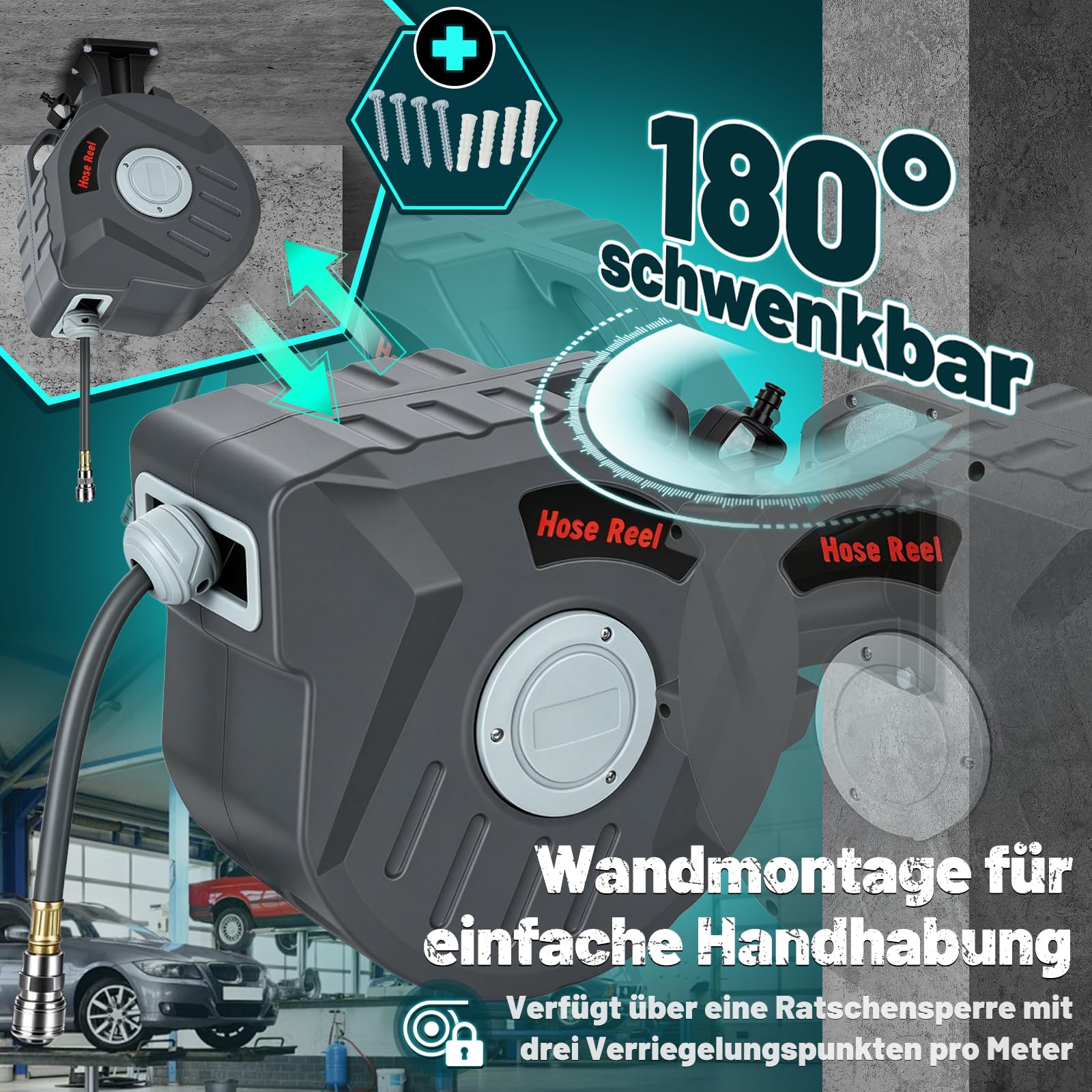 Druckluftschlauchtrommel 20m, Schlauchaufroller Druckluft mit 1/4 Zoll Schnellkupplung,max. Druck:18 bar,Druckluftschlauch Aufroller für Kompressor Werkstatt,Wandhalterung 180° schwenkbar
