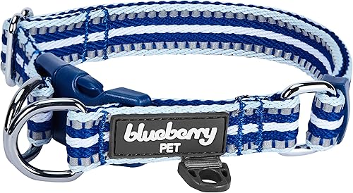 Collar de seguridad para perro Blueberry Pet con doble anillo en D | Collar ajustable reflectante de 3M, multicolor, en azul y blanco | Collar de