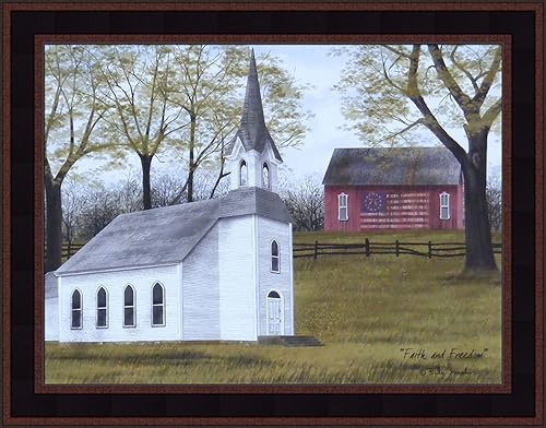 Home Cabin Décor Fe y libertad por Billy Jacobs 15x19 Campana Campanario Rojo Granero Bandera Patriótica Americana enmarcada