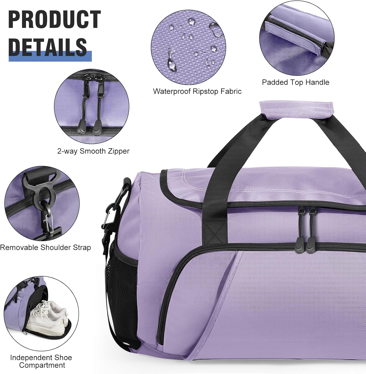 Gym Bag for Men Women With Shoe Compartment & Wet PocketWater Resistant Sports Gym Bag 、shoulder bag、messenger bag Carry On Duffel Bag forWeekend Overnight Traveling (Purple)
