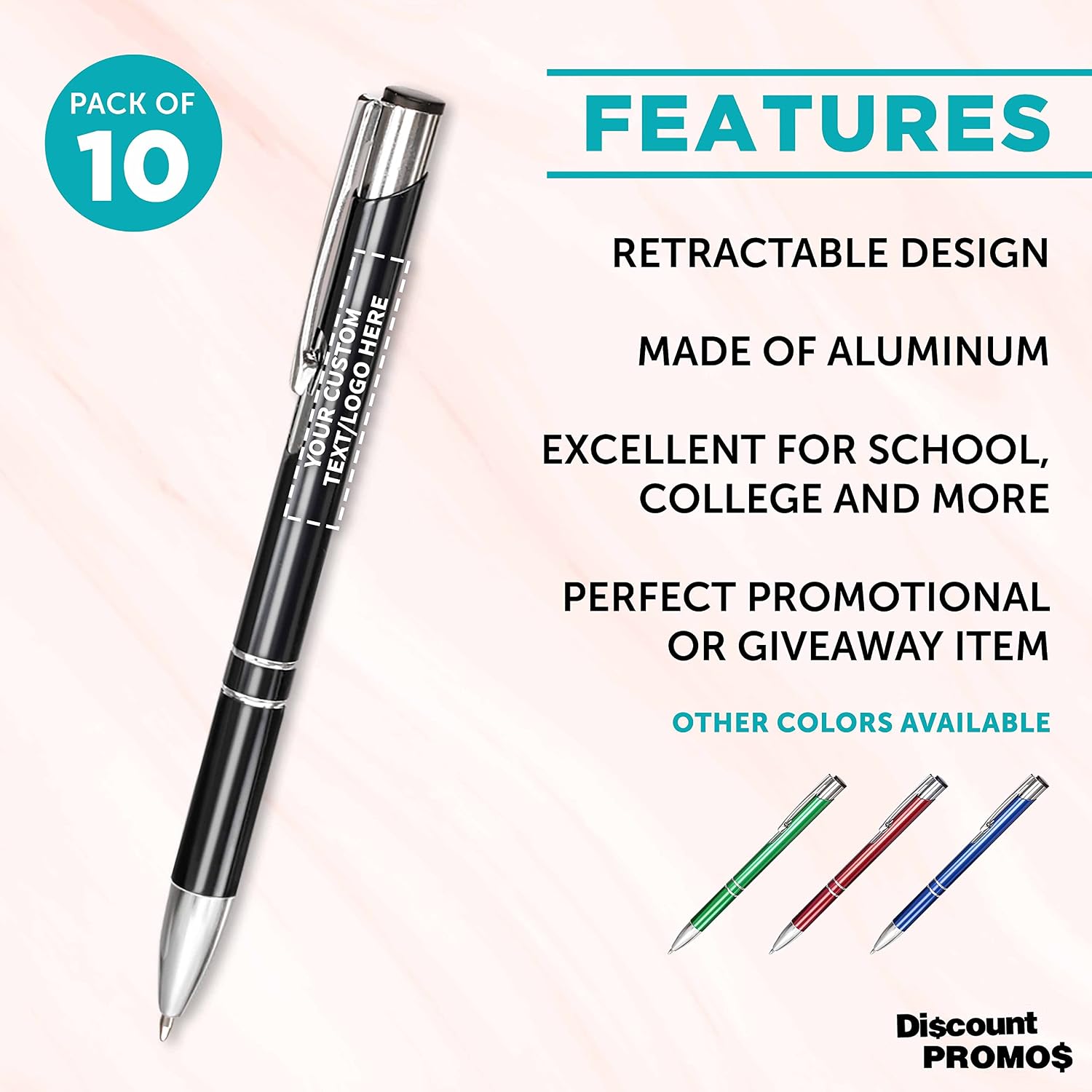 DISCOUNT PROMOS Custom Ballpoint Aluminum Pens Set of 10, Personalized Bulk Pack - Black Ink, Great for Office, School, Business, Tradeshows, Other Events - Black
