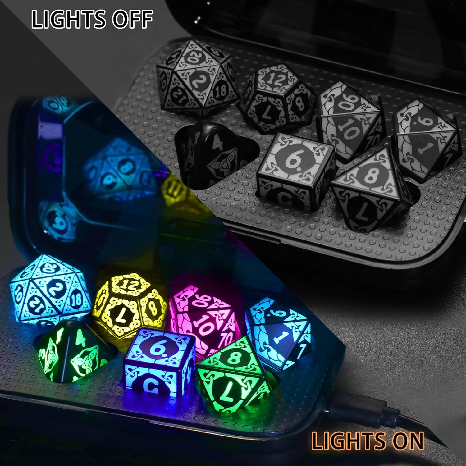 LED Dice DND Dice Set, ZHOORQI RGB Light up Dice Set DND Rechargeable, D and D Dice Accessories for Role Playing Games (KS-RGB)