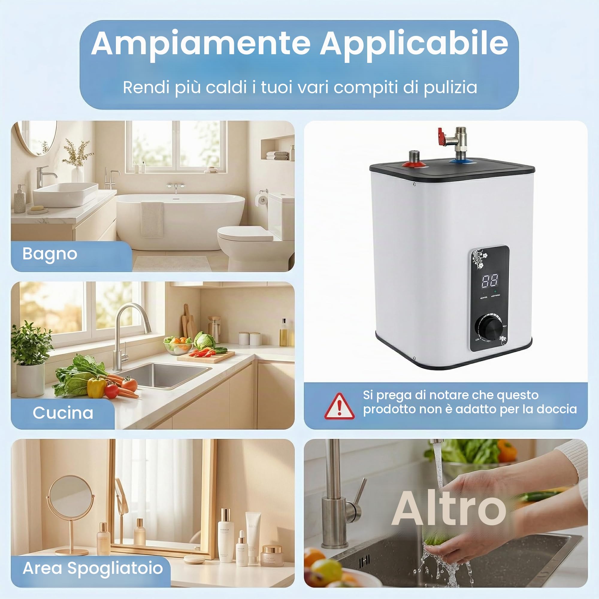 Scaldabagno sottolavello - 8 l - Serbatoio di acqua calda resistente alla pressione - 1500 W - Con display LED - Temperatura regolabile da 0 a 65 °C - Per lavabo, cucina e bagno - Bianco - 220-240 V