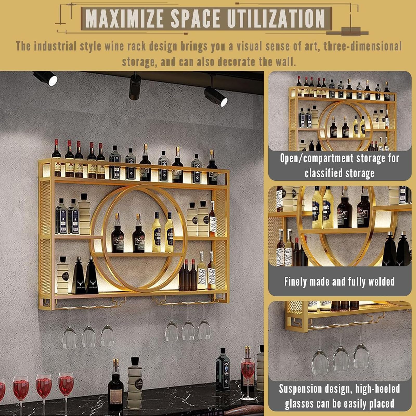 Amazon｜金属製フローティングバー酒棚 3 段、壁掛けワイン