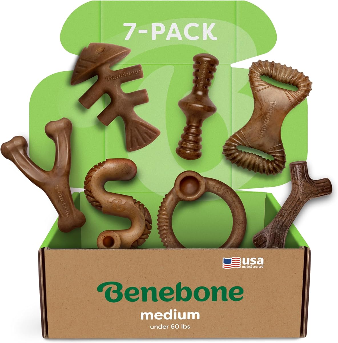 Benebone Paquete de 7 juguetes masticables para perros para masticadores agresivos, huesos para perros, medianos | Duradero, paquete múltiple, súper masticable, fabricado en EE. UU., huesos para perros, duradero, los mantiene ocupados