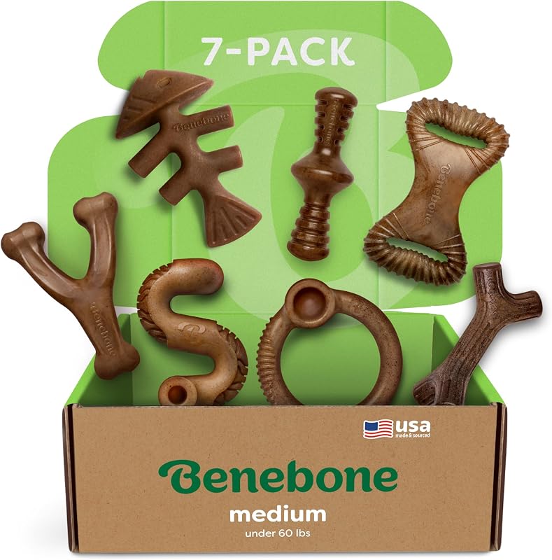 Benebone Paquete de 7 juguetes masticables para perros para masticadores agresivos, huesos para perros, medianos | Duradero, paquete múltiple, súper masticable, fabricado en EE. UU., huesos para perros, duradero, los mantiene ocupados